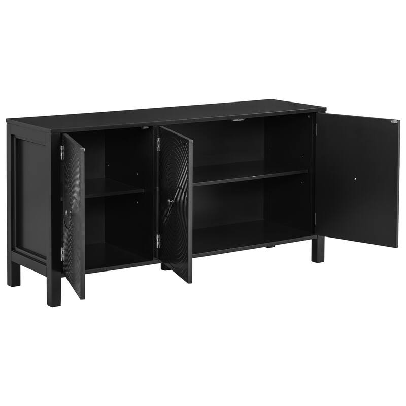 Modern Three-Door Sideboard with Artistic Curved Swirl Doors, Adjustable Shelves, and Central Support Leg