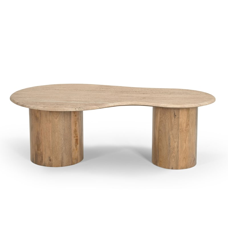 Modrest Sanford Modern Travertine Marble & Wood Freeform Coffee Table