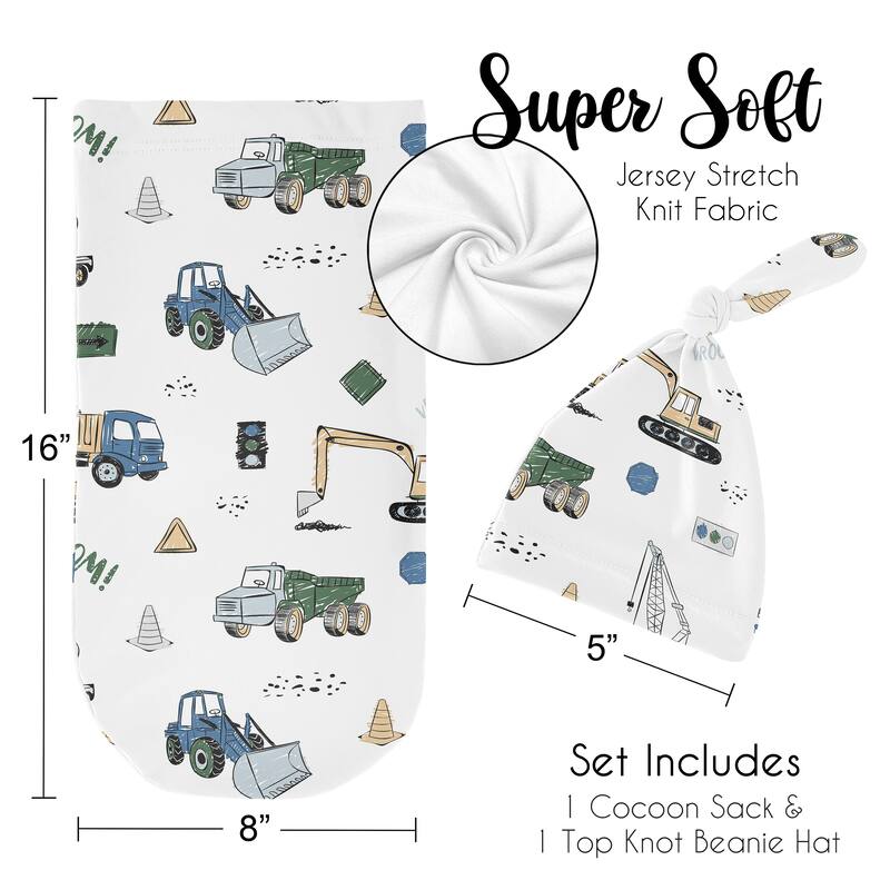 Sweet Jojo Designs Construction Truck Boy Baby Cocoon and Beanie Hat Sleep Sack 2pc Set- Grey Blue Green Transportation Vehicles
