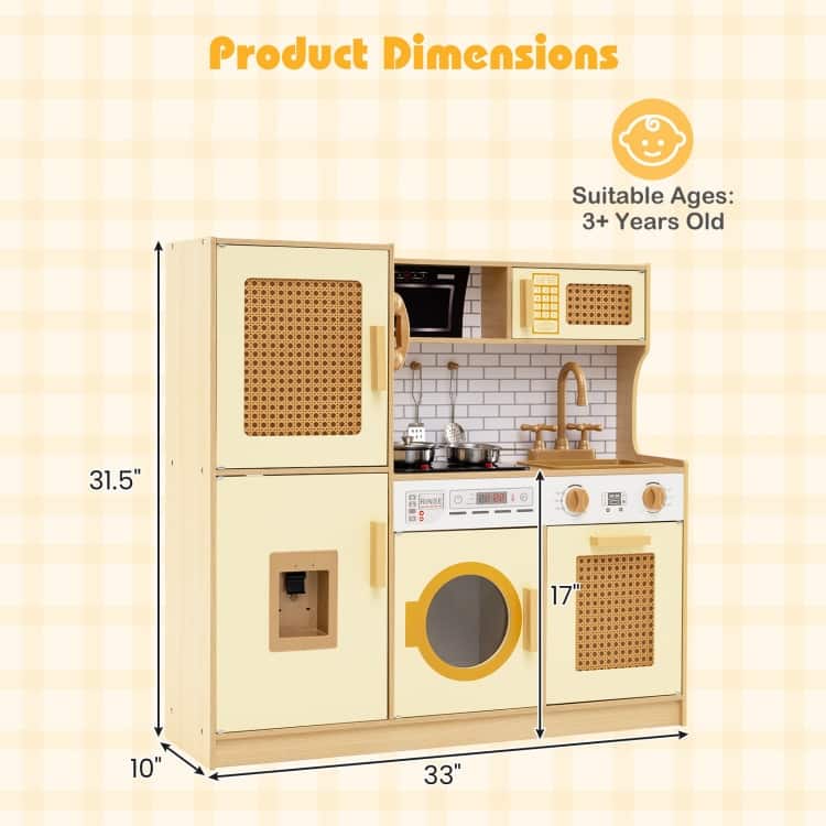 MDF Rattan Kids Play Kitchen with Lights, Sounds and Accessories - 33" × 10" × 31.5"