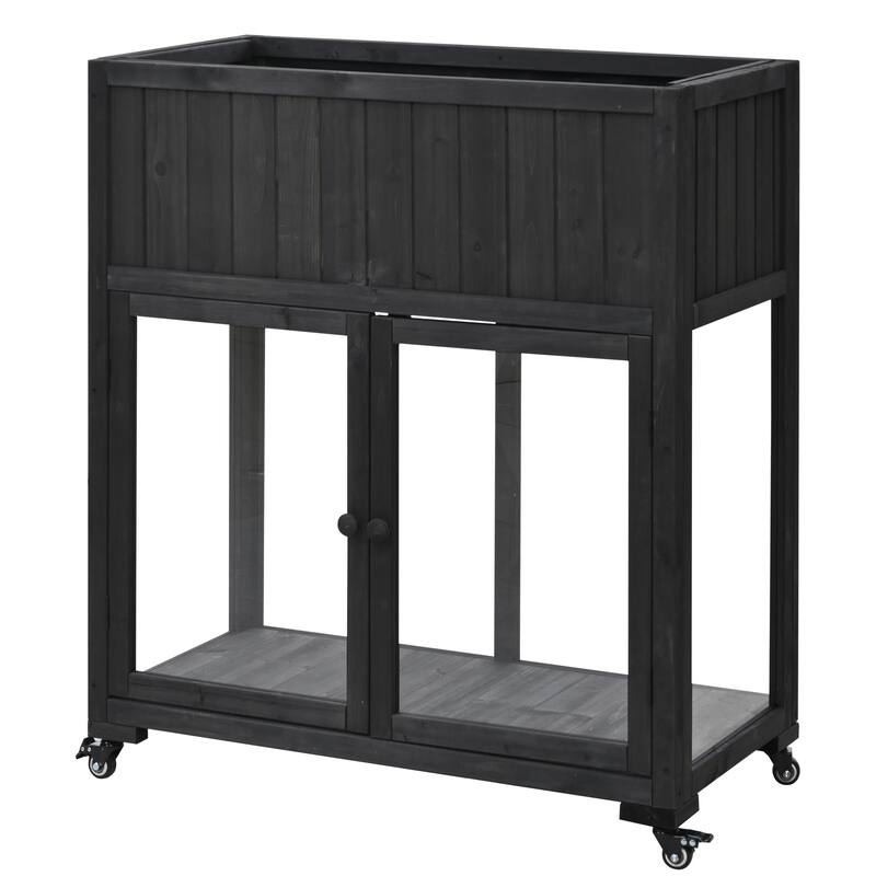 Patio 35.4x17.7x37.4 Mini Wood Cold Frame, Compact 2 Doors Garden Greenhouse with Wheels, Raised Bed with Liner