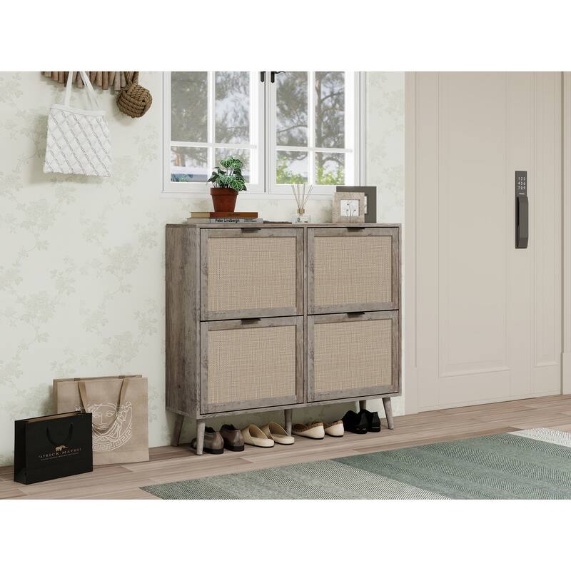 GDFStudio - Modern Engineered Rattan Shoe Storage Cabinet with 4 Doors