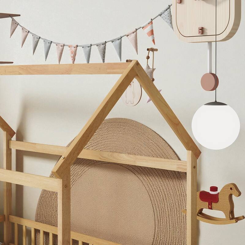 Twin Size Wooden House Floor Bed with Roof Frame and Safety Guardrails, Solid Rubber Wood Montessori Bed for Kids