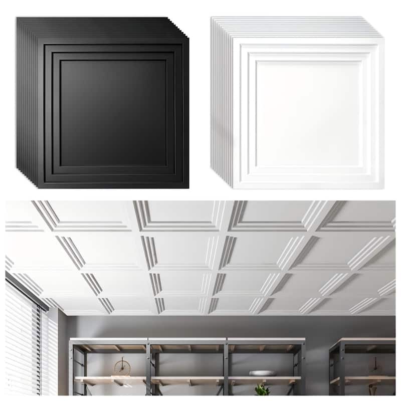 Atr3d 12pcs 24"x24" PVC 3D Wall Panel Ceiling Tile White or Black Cover 48 Sq.Ft.