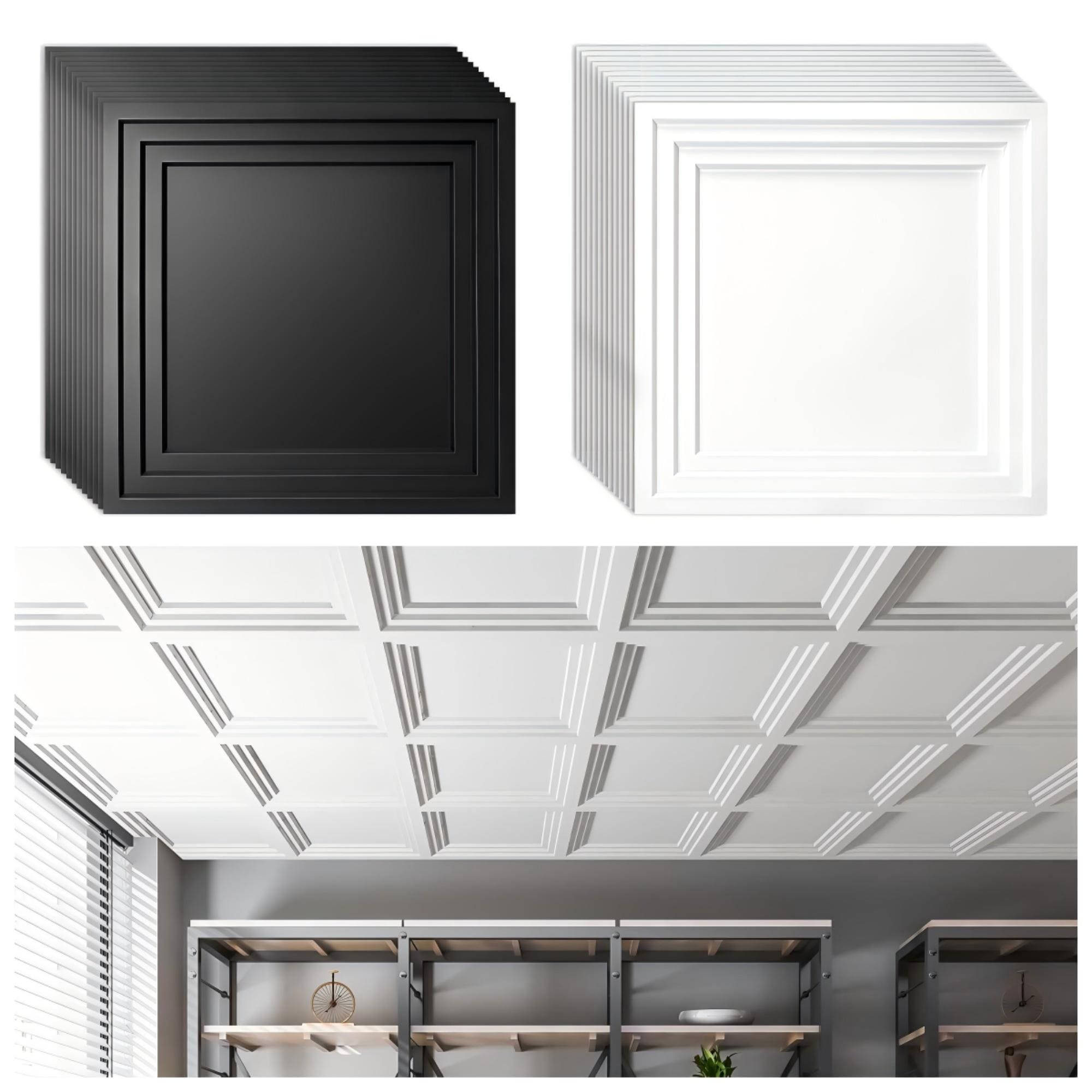 Atr3d 12pcs 24"x24" PVC 3D Wall Panel Ceiling Tile White or Black Cover 48 Sq.Ft.