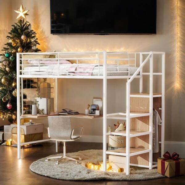 slide 2 of 40, Twin Size Metal Loft Bed with Desk, Metal Grid and Wardrobe, White White