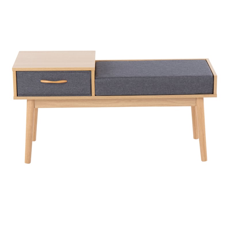Carson Carrington Phoebe Upholstered Bench with Pull-Out Drawer - Natural Wood & Grey Fabric