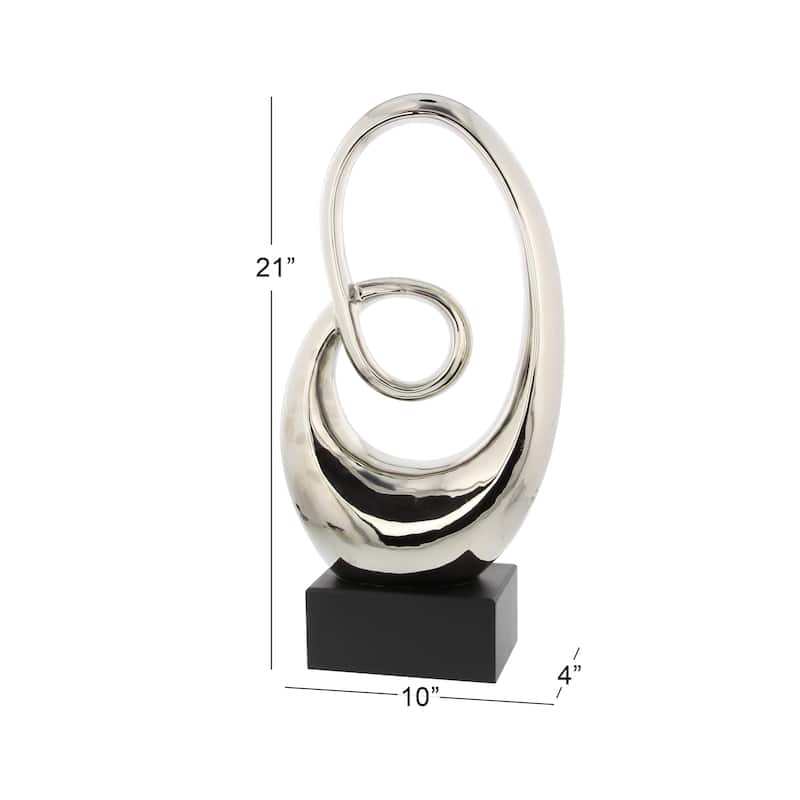Sleek Ceramic Swirl Abstract Sculpture with Black Wooden Base - Silver or White