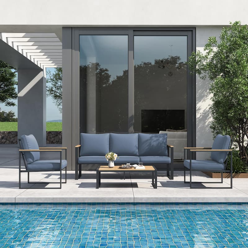 4-Piece Modern Outdoor Sofa Set - Iron Frame with Grey Cushions and Faux Wood Grain Coffee Table
