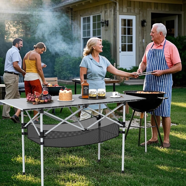 Aluminum Patio Folding Camping Table with Bag and Mesh Basket - 47" x 22" x 27" (L x W x H)