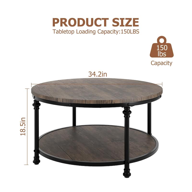 Round Coffee Table, 2 Tier Wooden Coffee Table with Storage, Farmhouse Center Tables