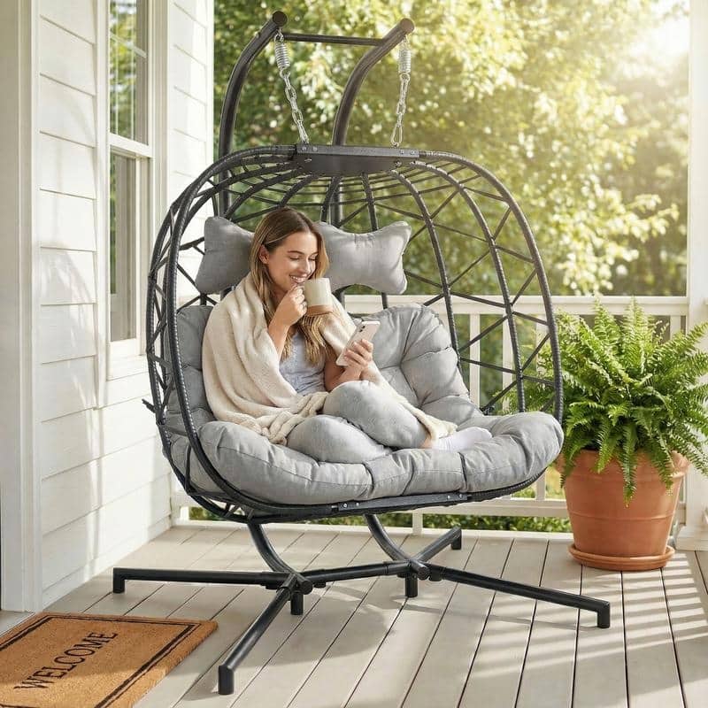 Oversized Outdoor Double Swing Egg Chair, 700 lbs Capacity 2-Person Hanging Egg Chair Swing with Cushion