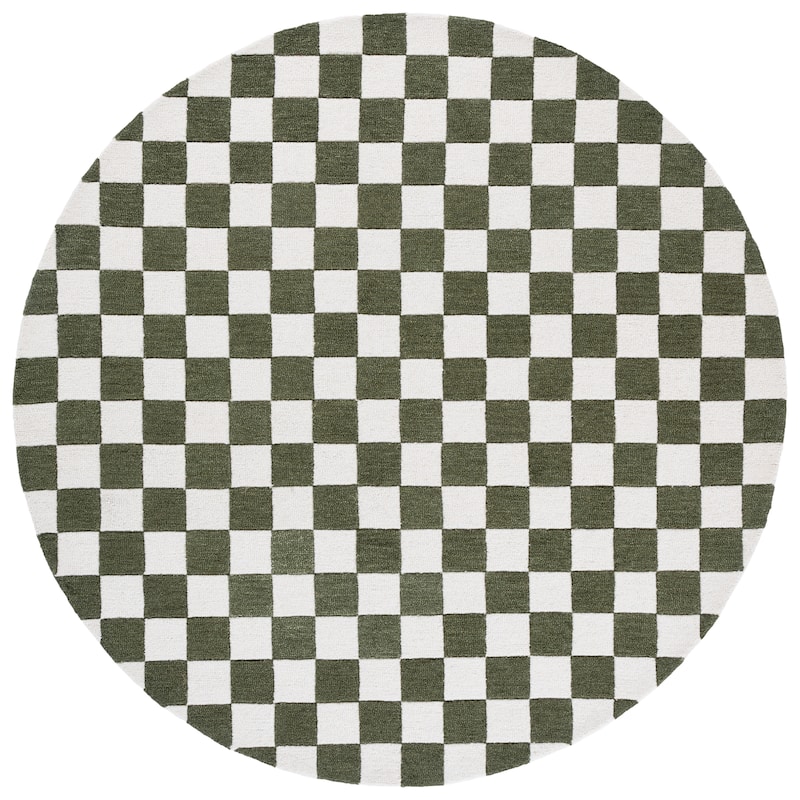 SAFAVIEH Handmade Ebony Gulnur Farmhouse Checkered Wool Rug - 6' Round - Green/Ivory