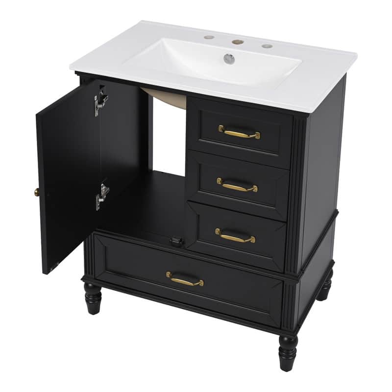 30" Bathroom Vanity with Ceramic Sink Top, Modern Bathroom Storage Cabinet with 1 Door, 3 Drawers and Solid Wood Legs