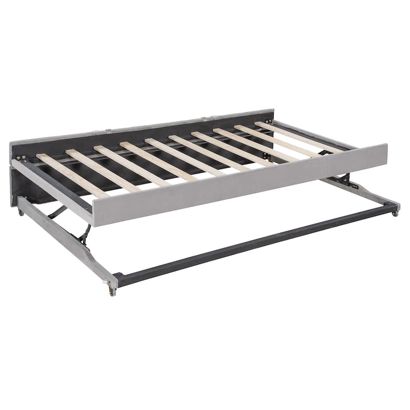 Full Size Daybed with Pull-Out Lift-Up Trundle, Upholstered Daybed Platform Bed with Stripes L-Shaped Backrest and Wood Slats