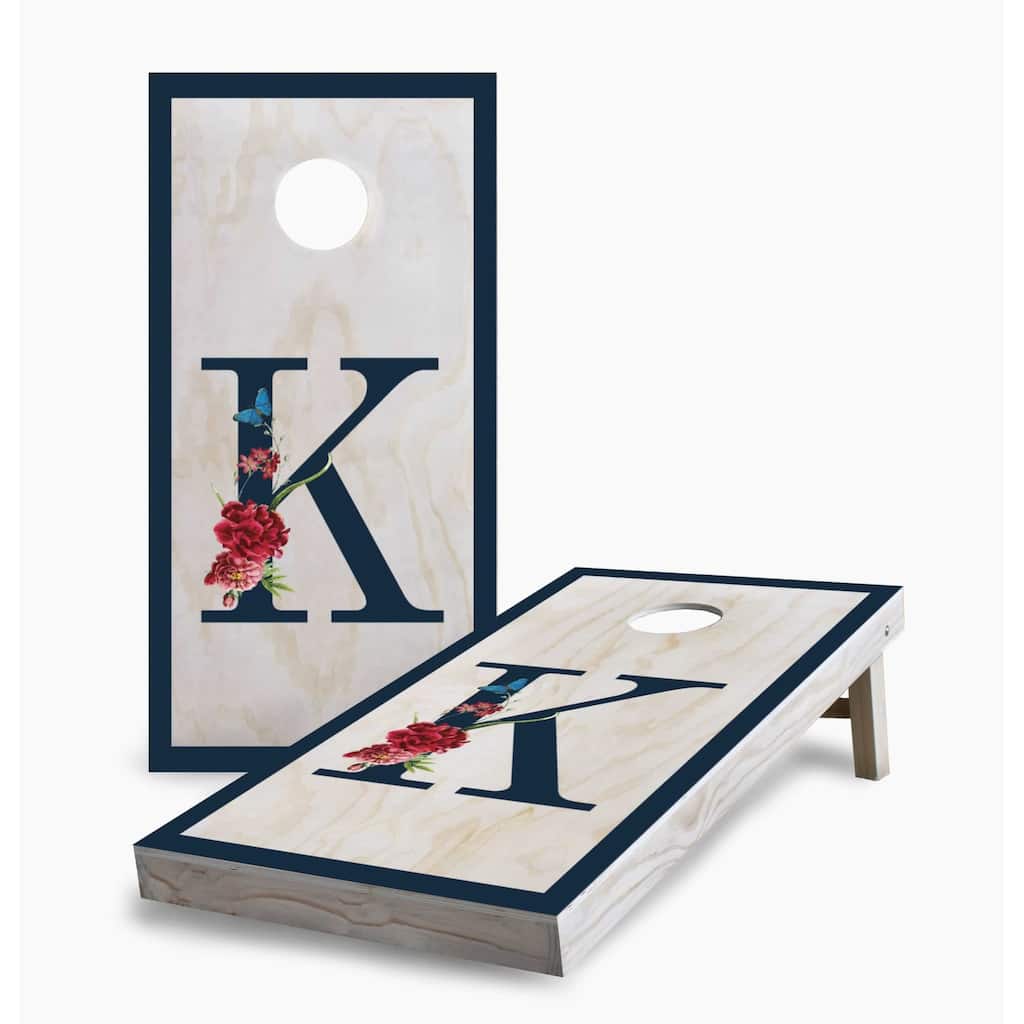 Floral Initials On Wood Cornhole Game (Choose Wraps or Boards)