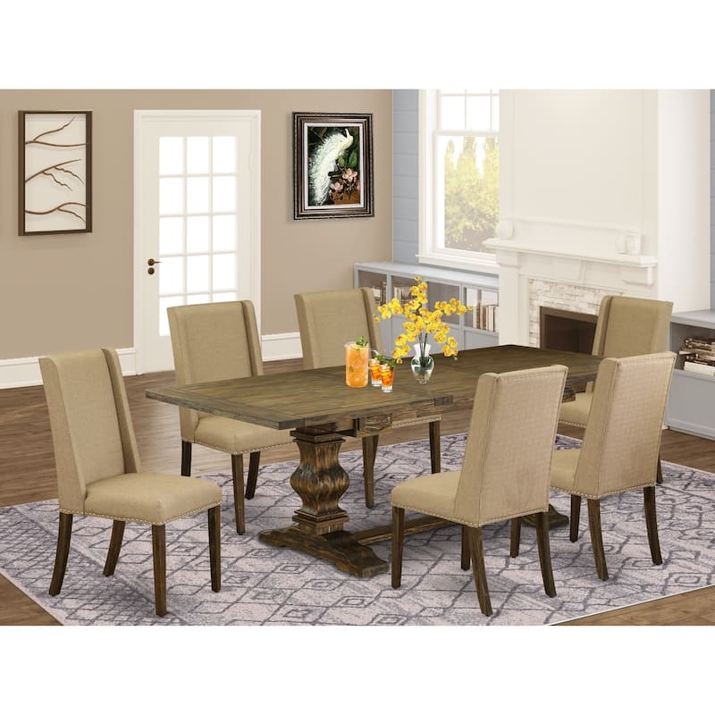 7-Piece Dining Room Set - Wood Table & Linen Fabric Chairs - Distressed Jacobean Finish - Seats 6 - 90
