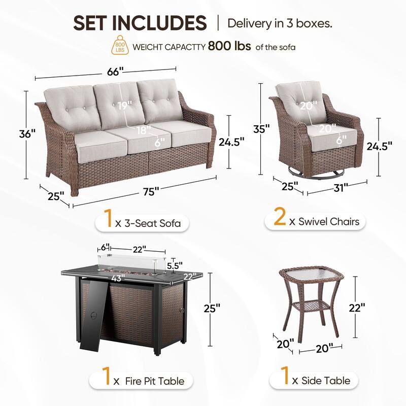 5-Piece Sofa Swivel Chairs with 43" Firepit Table