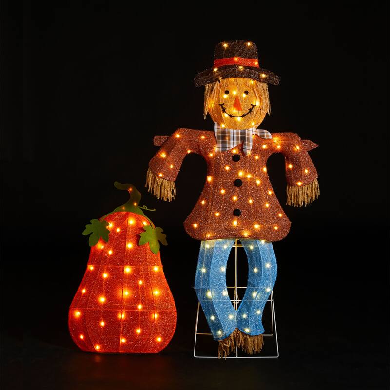 Glitzhome 4ft Set of 2 Lighted Fall Scarecrow & Pumpkin Outdoor Decor