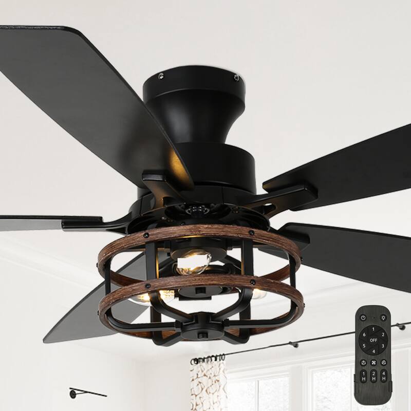 Cusp Barn 52-In Farmhouse Black Caged Ceiling Fan with Lights and Remote Control, Low Profile Flush Mount Chandelier Ceiling Fan
