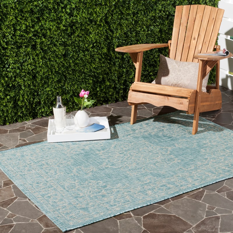 SAFAVIEH Courtyard Divna Medallion Indoor/ Outdoor Waterproof Patio Backyard - 2'7"x5' - Aqua/Grey