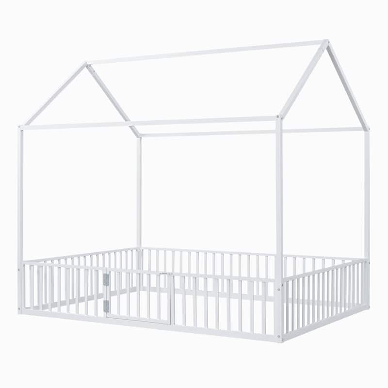 Twin/Full Size Metal House Shaped Floor Bed with Fence and Door Design