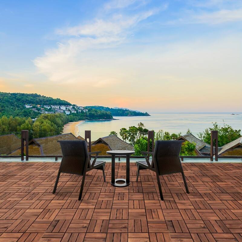 27pcs Interlocking Deck Tiles 11.8" x 11.8", Patio Flooring Outdoor Waterproof, Acacia Wood Tiles All Weather