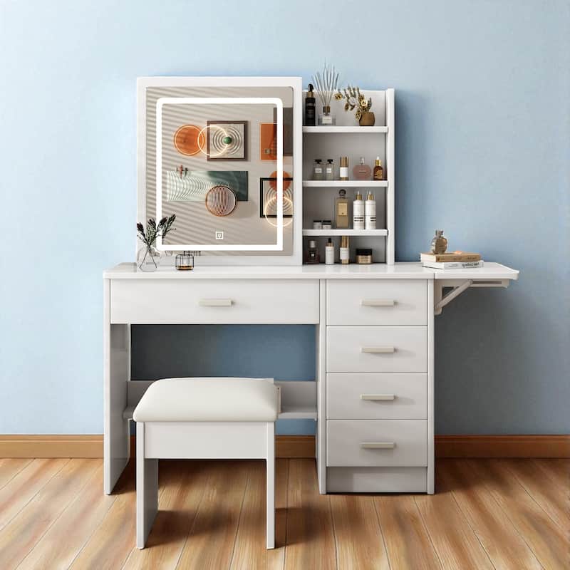 Vanity Desk with Mirror & LED Lights, 5 Drawers, Open Shelves & Chair, Makeup Table Set with Adjustable Lighting - White