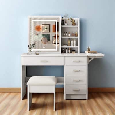 Vanity Desk with Mirror & LED Lights, 5 Drawers, Open Shelves & Chair, Makeup Table Set with Adjustable Lighting