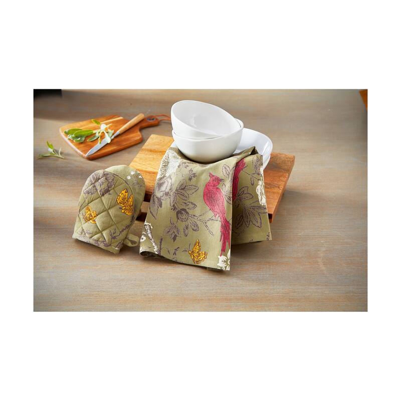 Autumn Toile Dishtowel & Mitt Set - Fall Harvest Kitchen Textiles, Cotton, Machine Wash, Green Multi, 26" x 18"