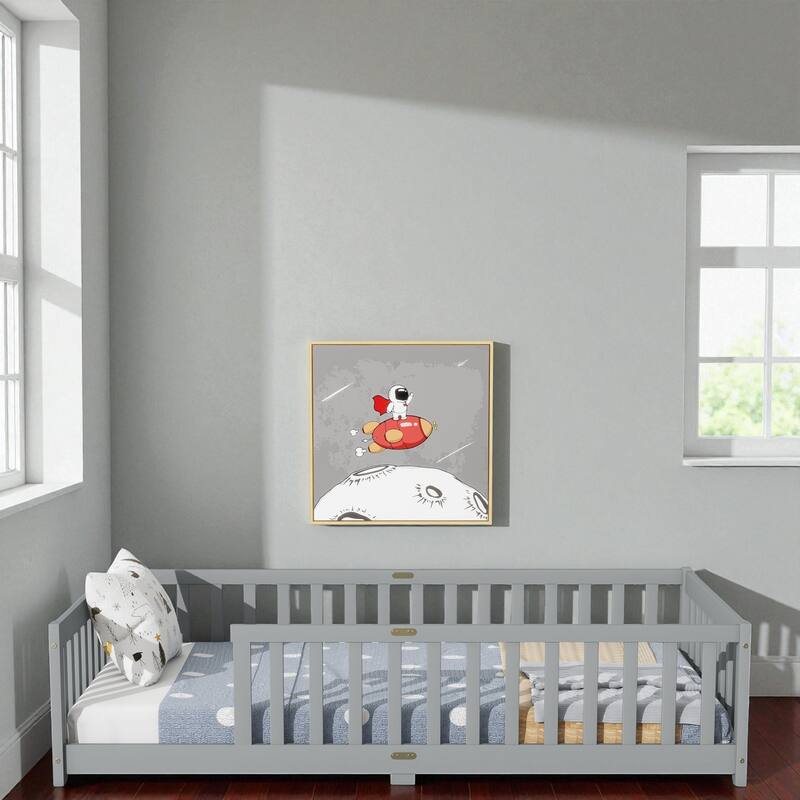 Twin Size Wooden Floor Bed with Fence, Solid Rubber Wood Montessori Bed Frame with Safety Guardrails for Kids