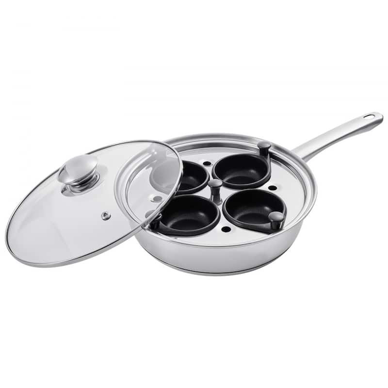 Silver Stainless Steel Egg Poacher Pan with 4 Cups and Glass Lid - 14.69 x 8.86 x 4.33 in