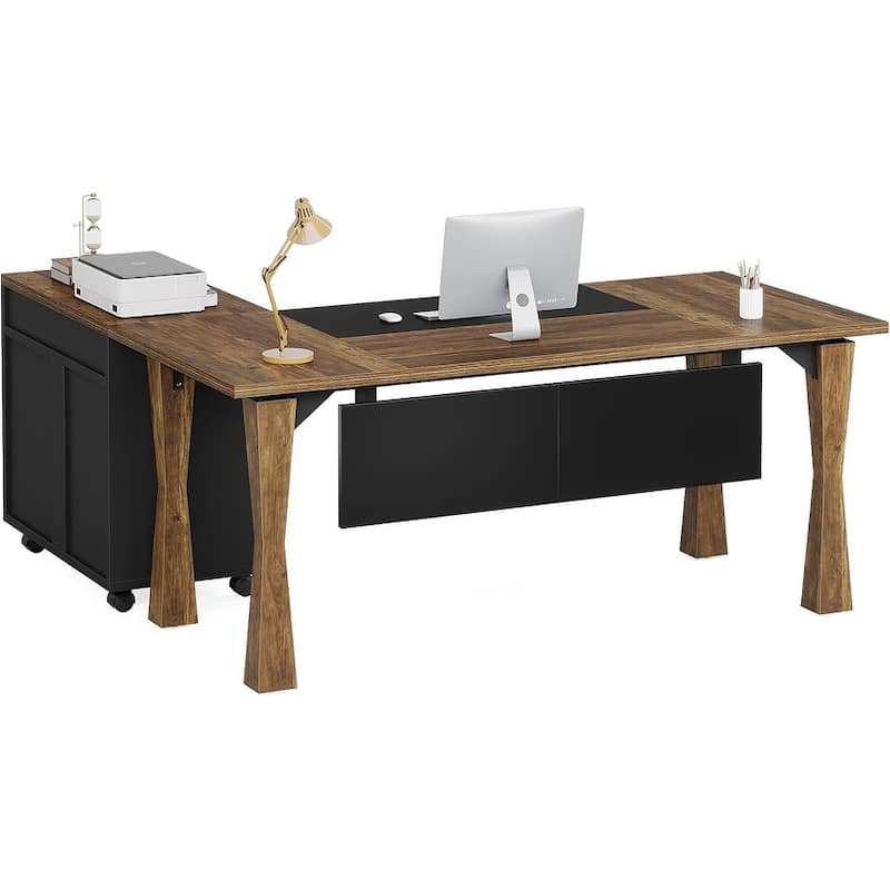 Rustic Wood L Shaped Desk Executive Desk with Drawers