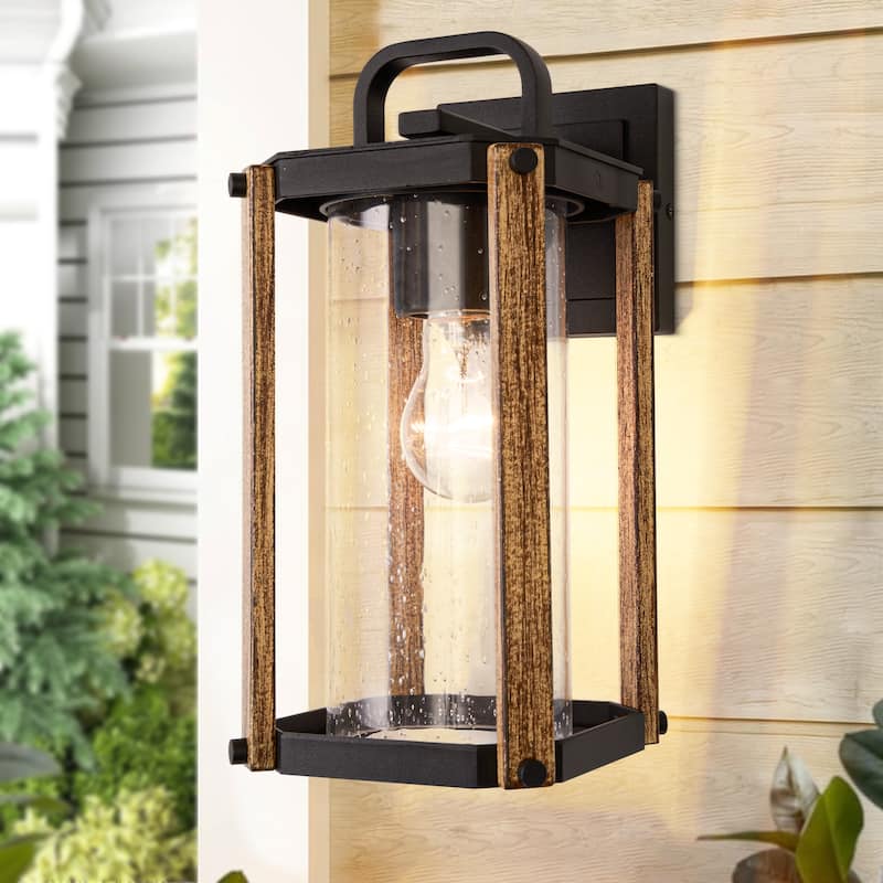 In/Outdoor Wood Grain Wall Sconce with Seeded Glass Shades - 9.6 inch -1 Pack