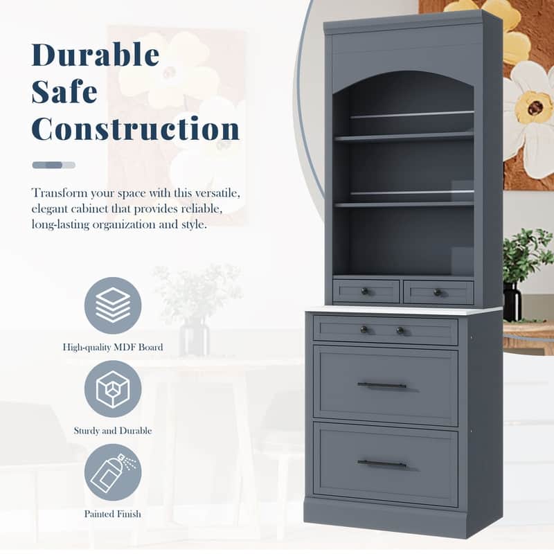 Modern 83.7-Inch Tall Kitchen Pantry with Faux Marble Top, Display Cabinet, 5 Drawers & Adjustable Shelf‌