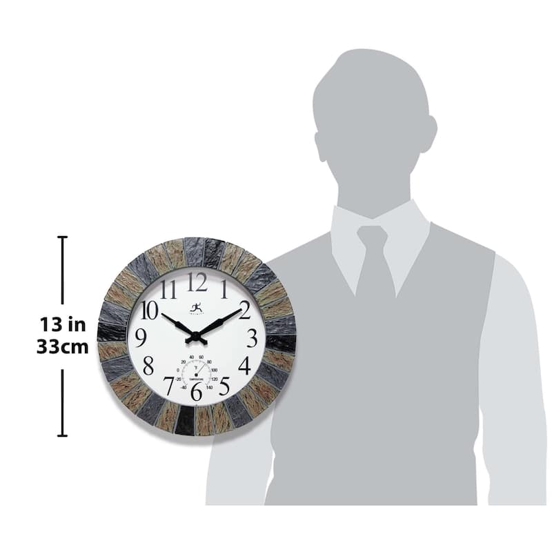 Faux 13 inch Indoor/Outdoor Wall Clock with Thermometer - 13 x 2 x 13
