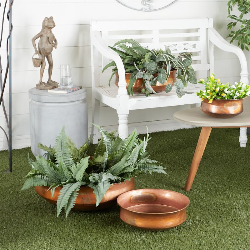 Metal Wide Weathered Low Bowl Planter - Set of 4 Copper - Roche River Decor - 22"W x 22"L x 7"H