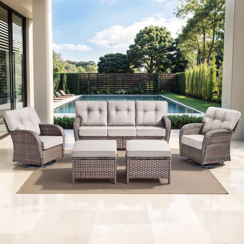 Pocassy Ooutdoor Patio Sofa Chairs Funiture Set - 5 Pieces w/ Ottoman - Brown Wicker & Beige cushion
