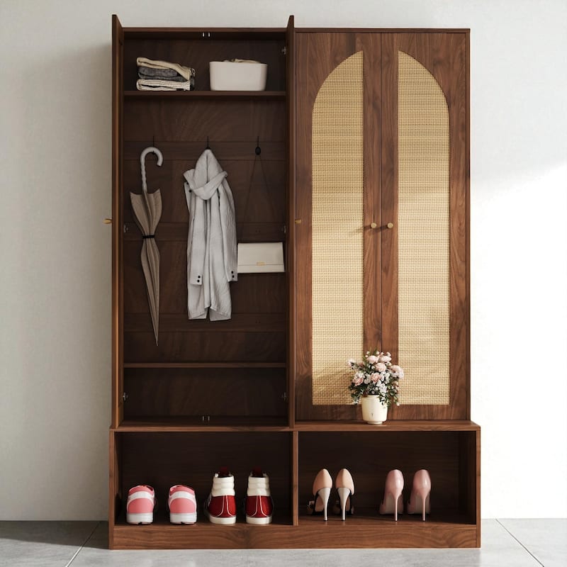Farmhouse Hall Tree with 4 Rattan Doors, 6 Hooks & Bench, Mid-Century Entryway Organizer with Adjustable Shelves