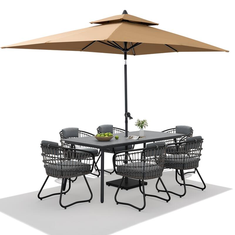 9/11-piece Outdoor Dining Set w/ Umbrella and Base Aluminum Dining Table and PE Rattan Chairs