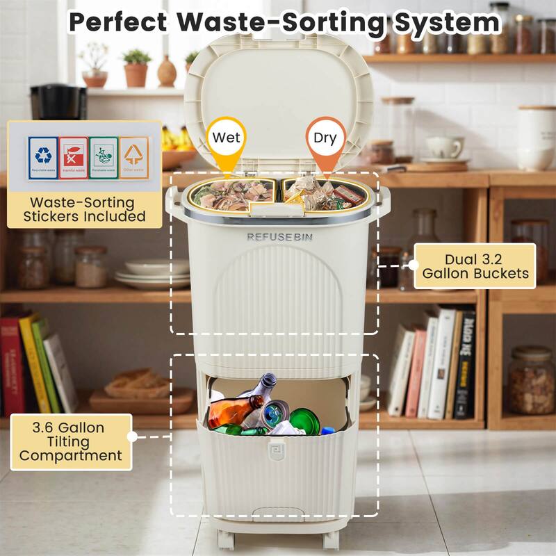 Costway 10 Gallon Kitchen Trash Can with Lid, 2 Removable Buckets, - Beige