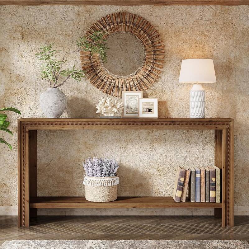 63" Solid Wood Console Table, Farmhouse Narrow Long Entryway Table with Shelf - 63" W × 11.6" D × 31.5" H