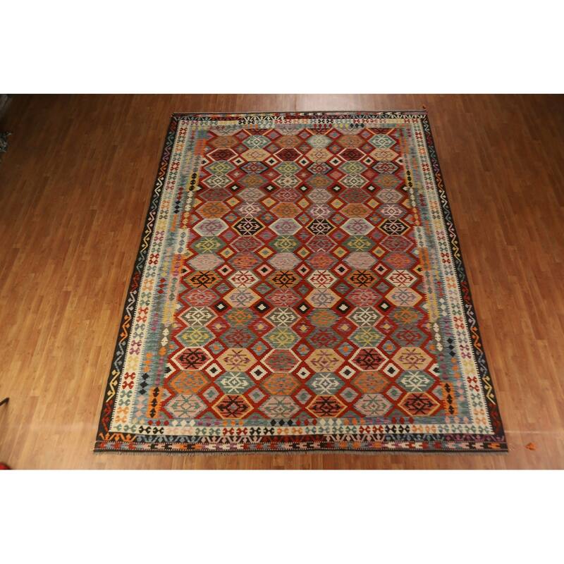 Geometric Kilim Oriental Area Rug Reversible Flatweave Wool Carpet - 10'3"x 13'0"