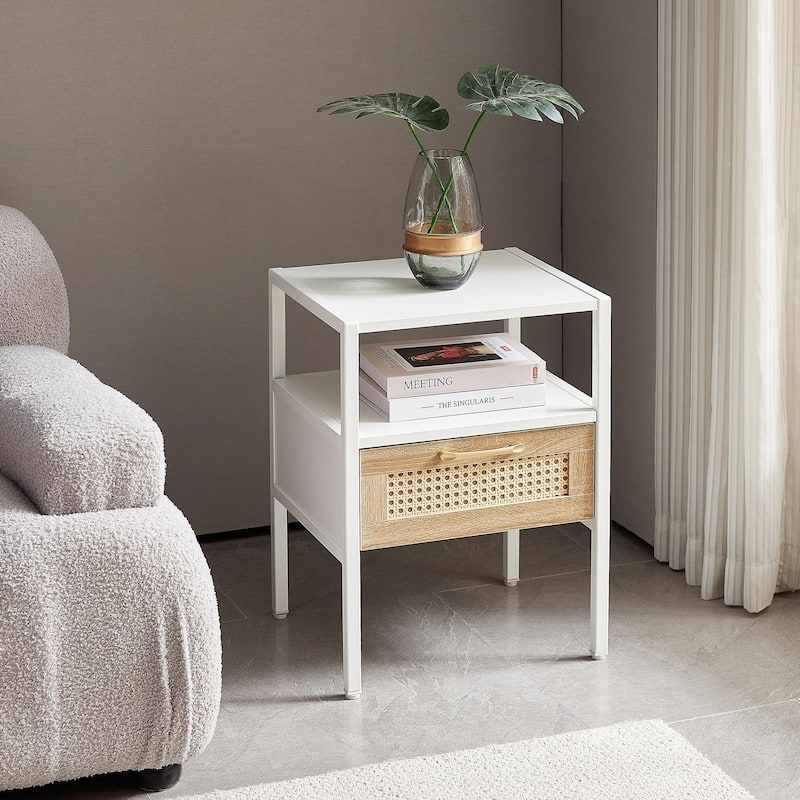 Rattan Woven Nightstand with Multi-functionality - White