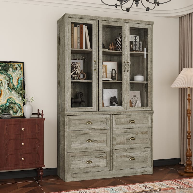 Farmhouse Kitchen Pantry Cabinet 6-Tier Bookshelf with Adjustable Shelves & Glass Doors