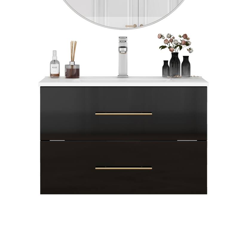 30-Inch Gloss Wall-Mounted Bathroom Vanity with Sink Combo, Double Drawers,Ceramic Sink,Long Metal Handle