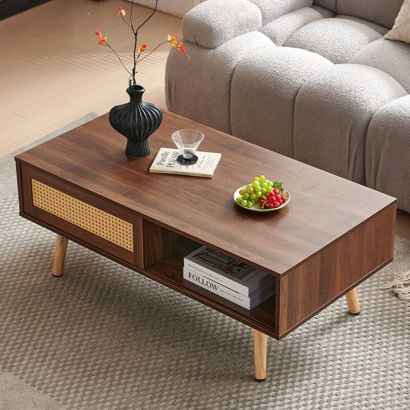 Modern PE Rattan Coffee table With Solid Wood Legs for Living Room