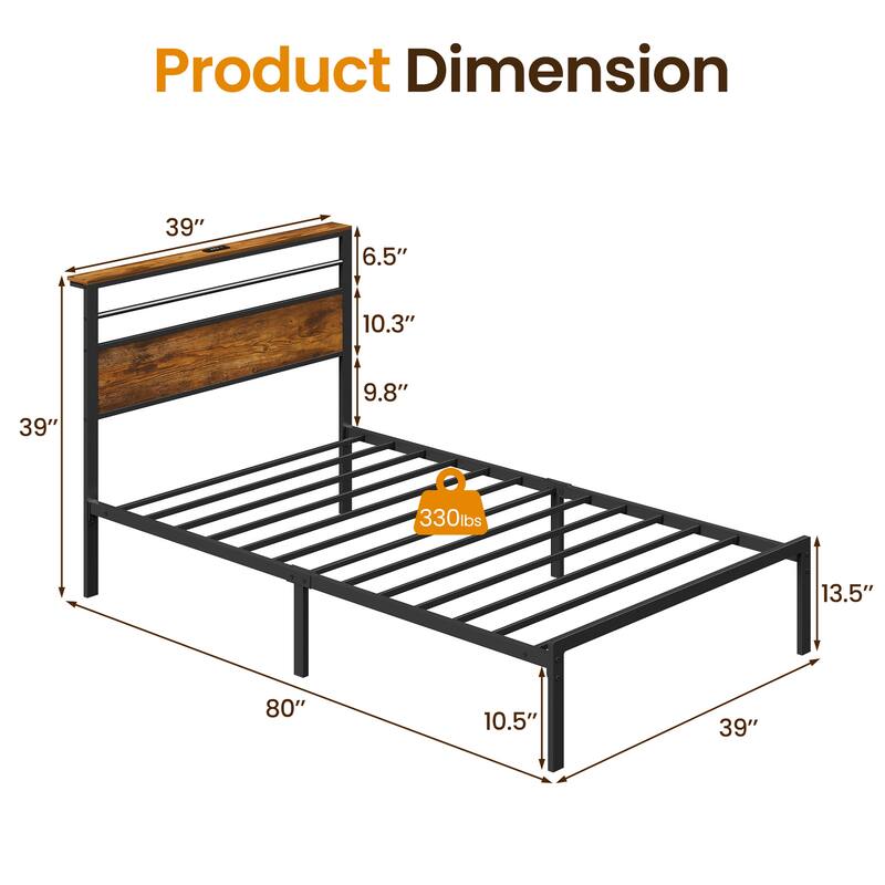 Vintage Industrial Bed Frame with Storage & LED Lights