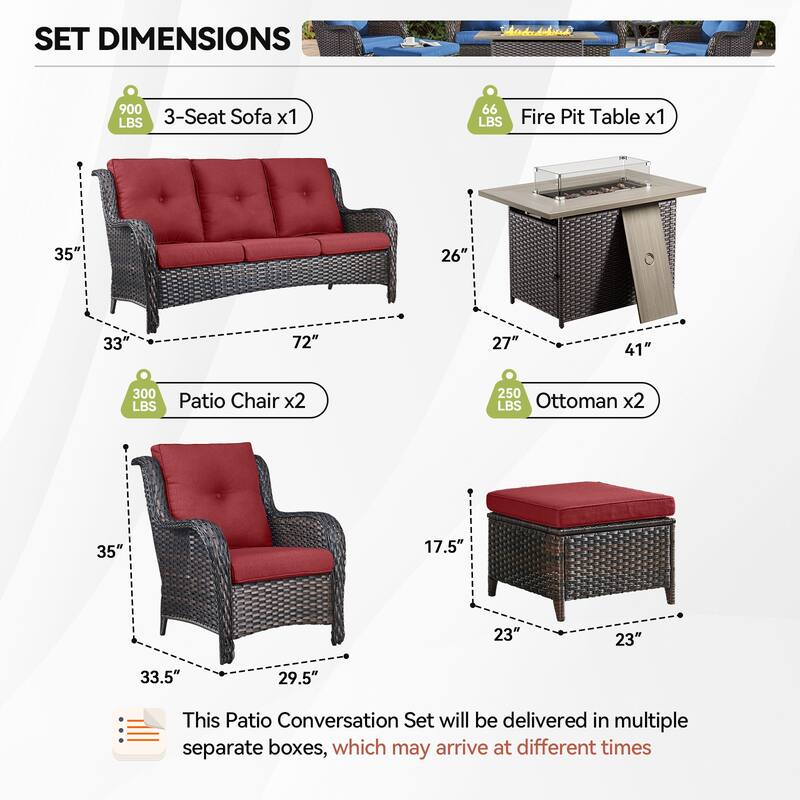 Fire Pit Table with Patio Sofa Chairs Ottomans Brown-Red - Brown