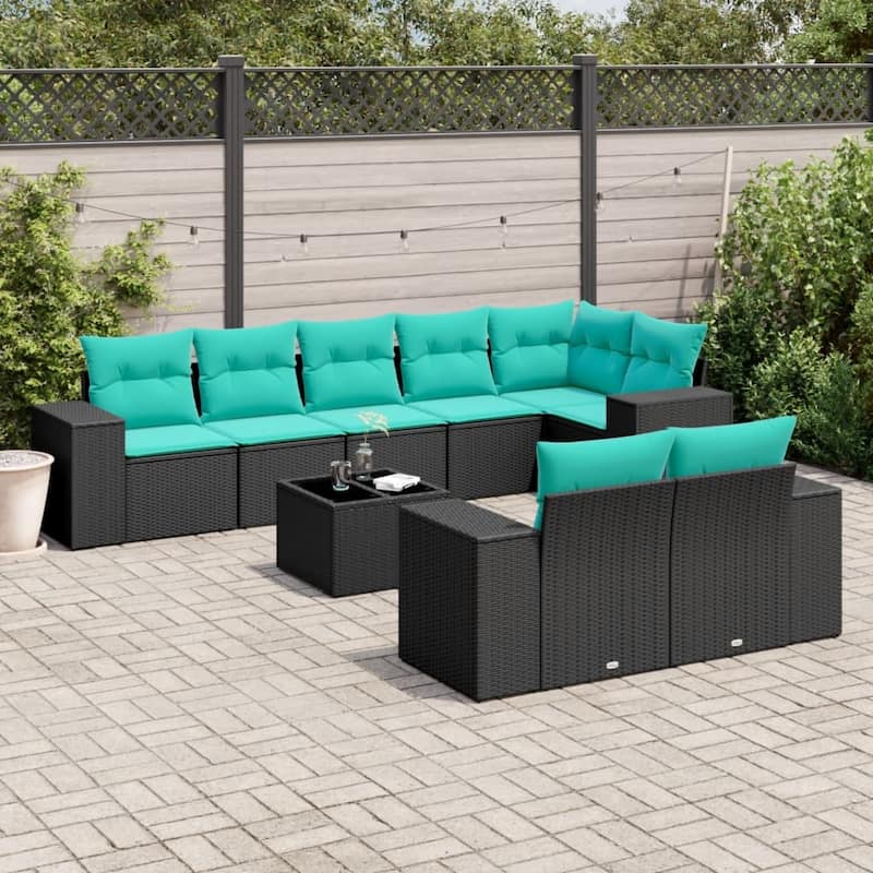 vidaXL 8 Piece Patio Sofa Set with Cushions Black Poly Rattan - 24.4 x 24.4 x 27.2-Without table